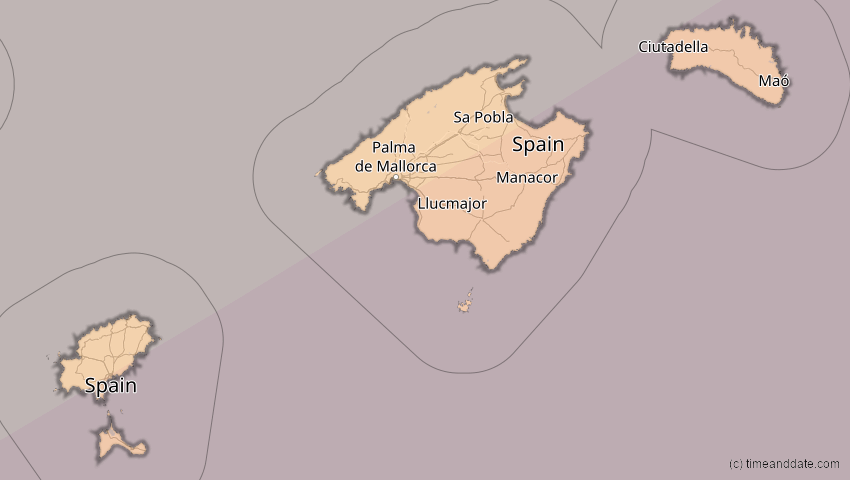 A map of Balearische Inseln, Spanien, showing the path of the 1. Jun 2030 Ringförmige Sonnenfinsternis