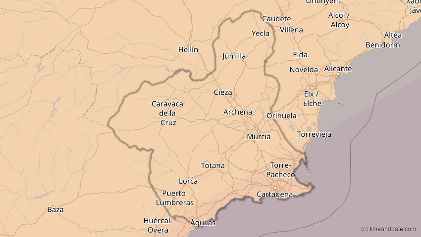 A map of Murcia, Spanien, showing the path of the 1. Jun 2030 Ringförmige Sonnenfinsternis