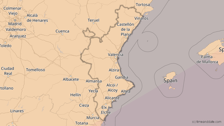 A map of Valencia, Spanien, showing the path of the 1. Jun 2030 Ringförmige Sonnenfinsternis