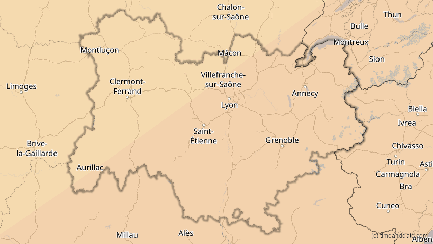 A map of Auvergne-Rhône-Alpes, Frankreich, showing the path of the 1. Jun 2030 Ringförmige Sonnenfinsternis