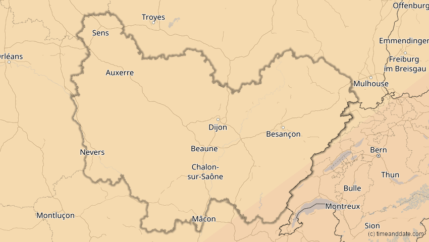A map of Bourgogne-Franche-Comté, Frankreich, showing the path of the 1. Jun 2030 Ringförmige Sonnenfinsternis