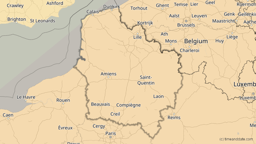 A map of Hauts-de-France, Frankreich, showing the path of the 1. Jun 2030 Ringförmige Sonnenfinsternis