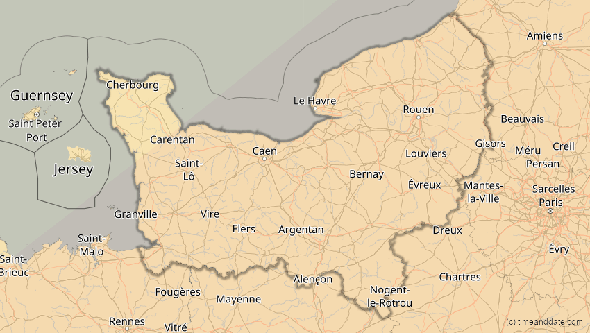 A map of Normandie, Frankreich, showing the path of the 1. Jun 2030 Ringförmige Sonnenfinsternis