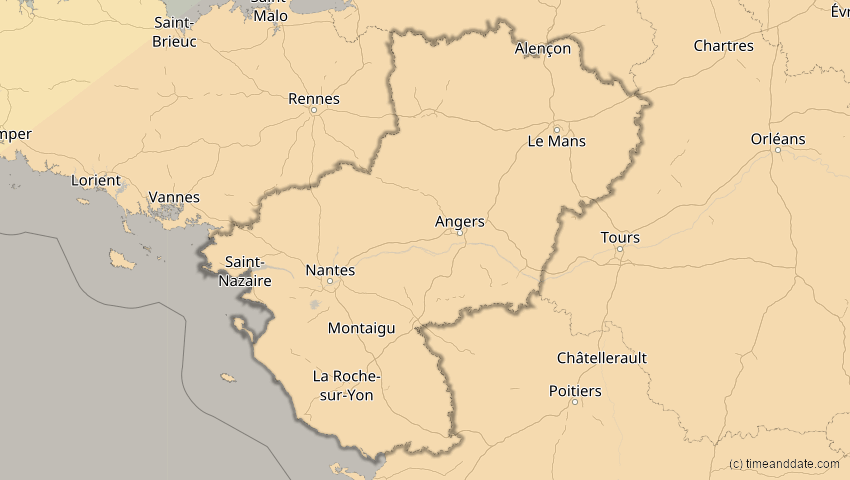 A map of Pays de la Loire, Frankreich, showing the path of the 1. Jun 2030 Ringförmige Sonnenfinsternis