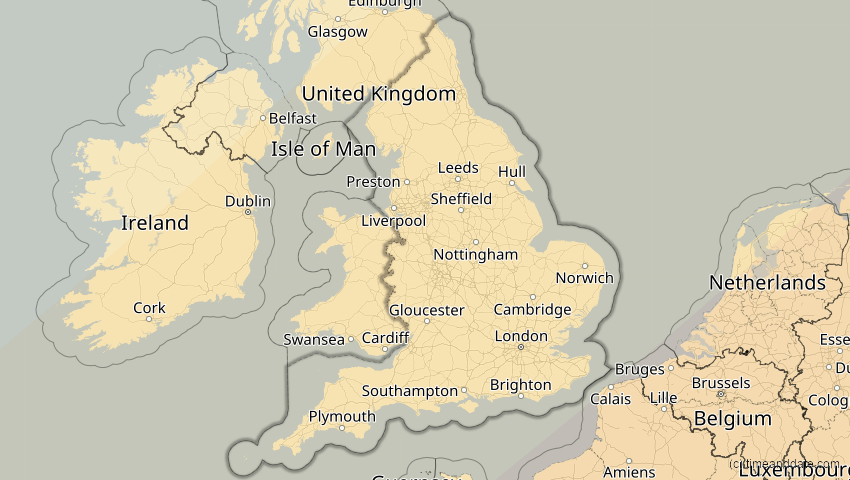 A map of England, Großbritannien, showing the path of the 1. Jun 2030 Ringförmige Sonnenfinsternis