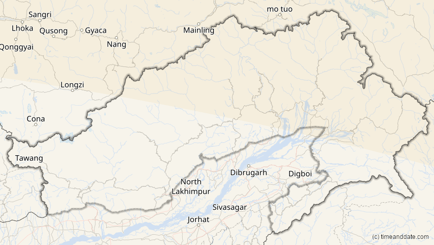 A map of Arunachal Pradesh, Indien, showing the path of the 1. Jun 2030 Ringförmige Sonnenfinsternis