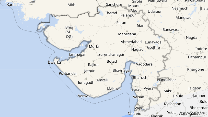 A map of Gujarat, Indien, showing the path of the 1. Jun 2030 Ringförmige Sonnenfinsternis
