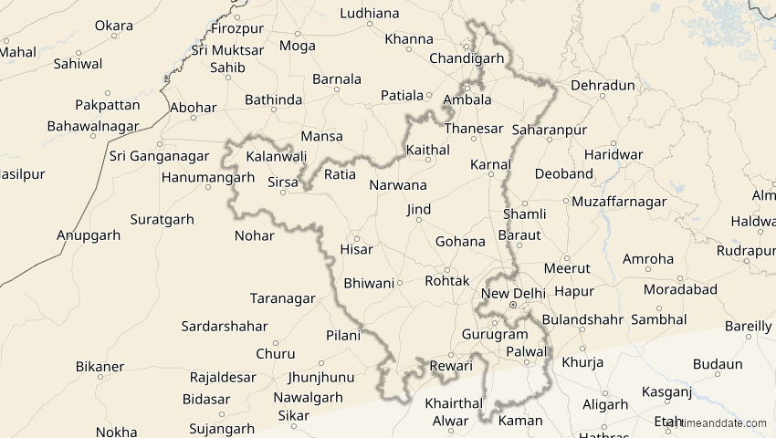 A map of Haryana, Indien, showing the path of the 1. Jun 2030 Ringförmige Sonnenfinsternis