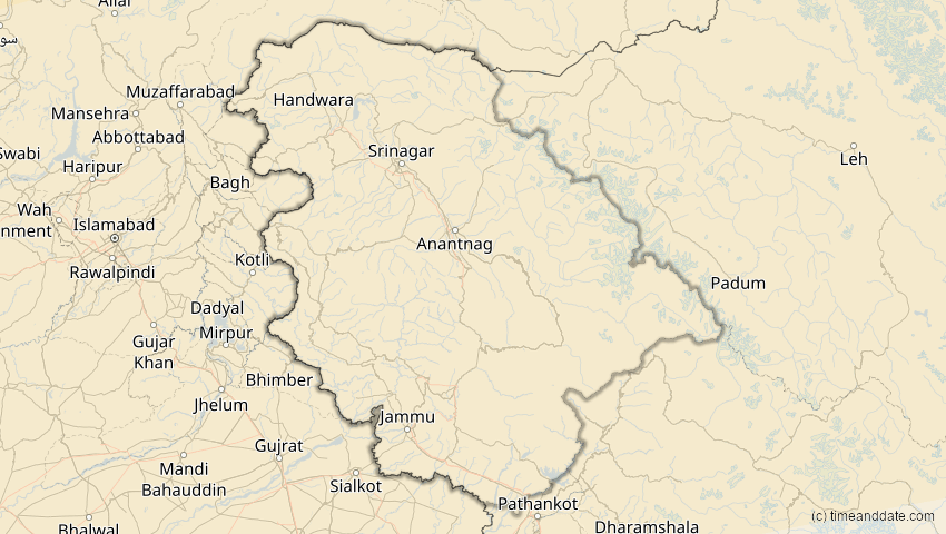 A map of Jammu und Kashmir, Indien, showing the path of the 1. Jun 2030 Ringförmige Sonnenfinsternis