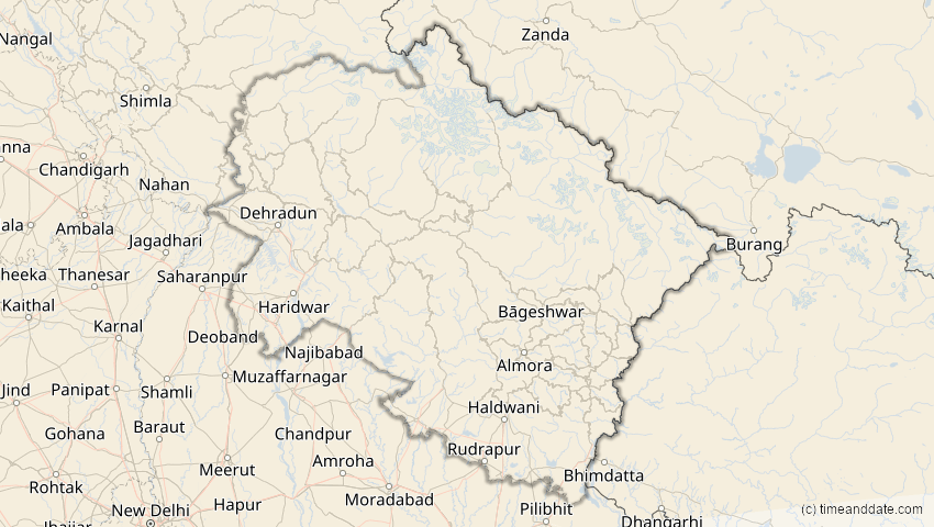 A map of Uttarakhand, Indien, showing the path of the 1. Jun 2030 Ringförmige Sonnenfinsternis