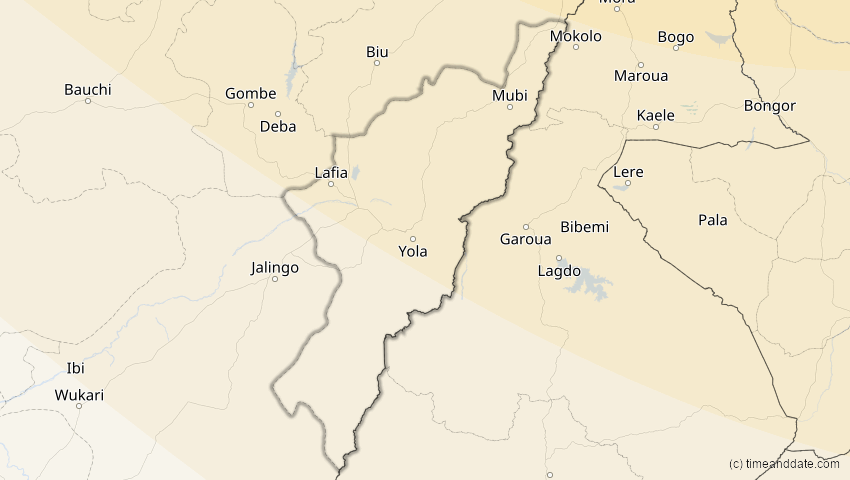A map of Adamawa, Nigeria, showing the path of the 1. Jun 2030 Ringförmige Sonnenfinsternis