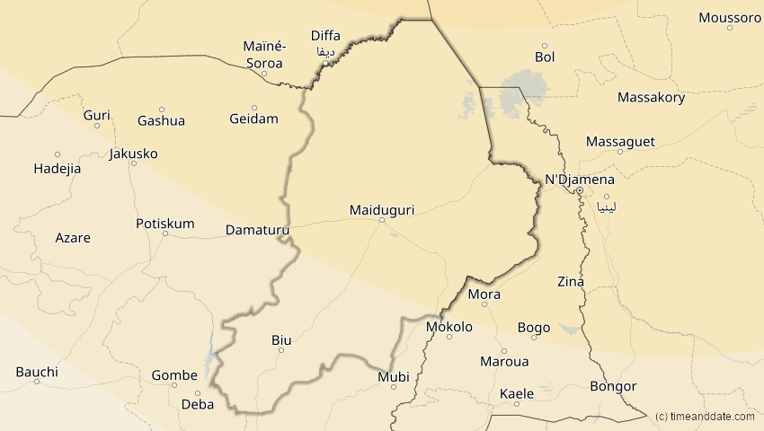 A map of Borno, Nigeria, showing the path of the 1. Jun 2030 Ringförmige Sonnenfinsternis