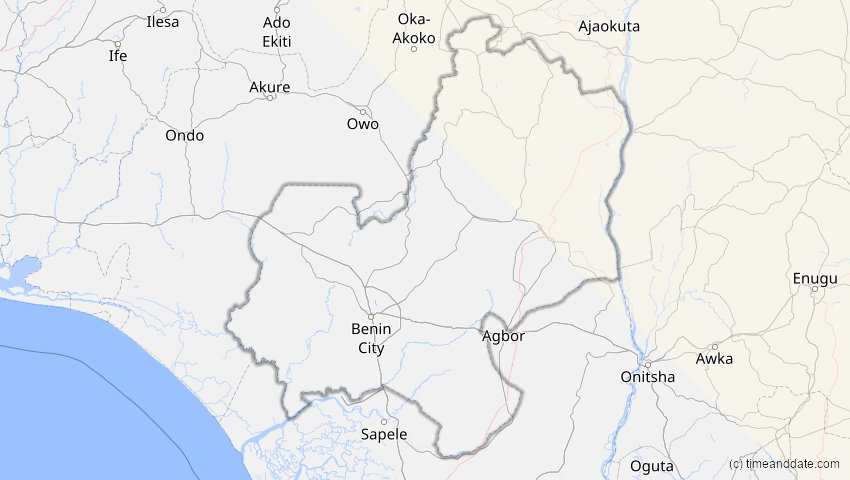 A map of Edo, Nigeria, showing the path of the 1. Jun 2030 Ringförmige Sonnenfinsternis
