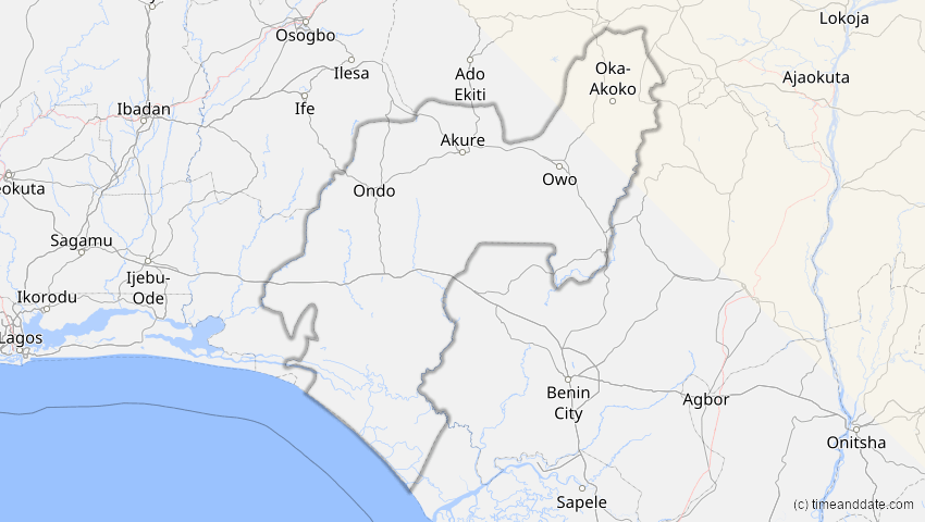 A map of Ondo, Nigeria, showing the path of the 1. Jun 2030 Ringförmige Sonnenfinsternis