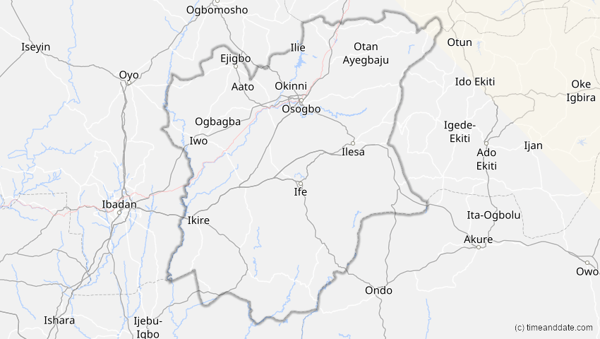 A map of Osun, Nigeria, showing the path of the 1. Jun 2030 Ringförmige Sonnenfinsternis