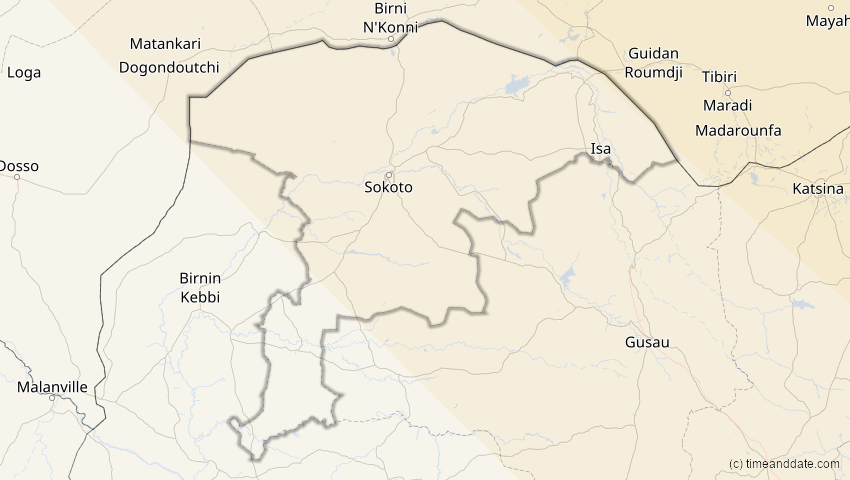 A map of Sokoto, Nigeria, showing the path of the 1. Jun 2030 Ringförmige Sonnenfinsternis