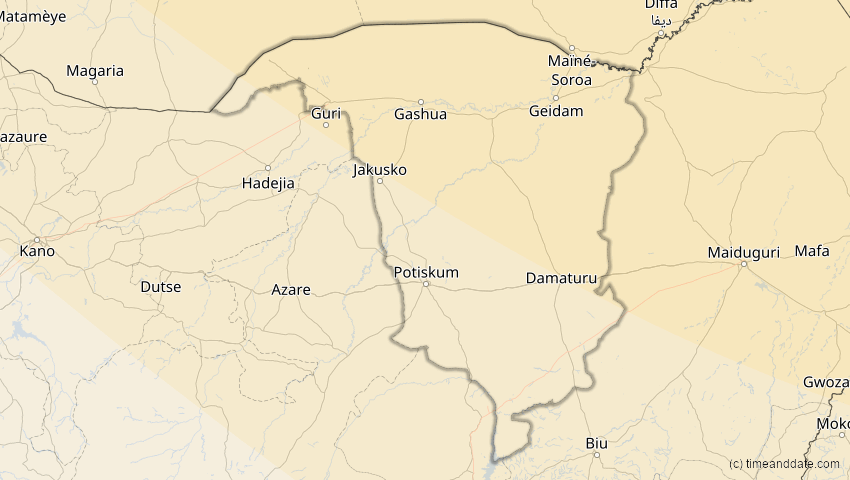 A map of Yobe, Nigeria, showing the path of the 1. Jun 2030 Ringförmige Sonnenfinsternis