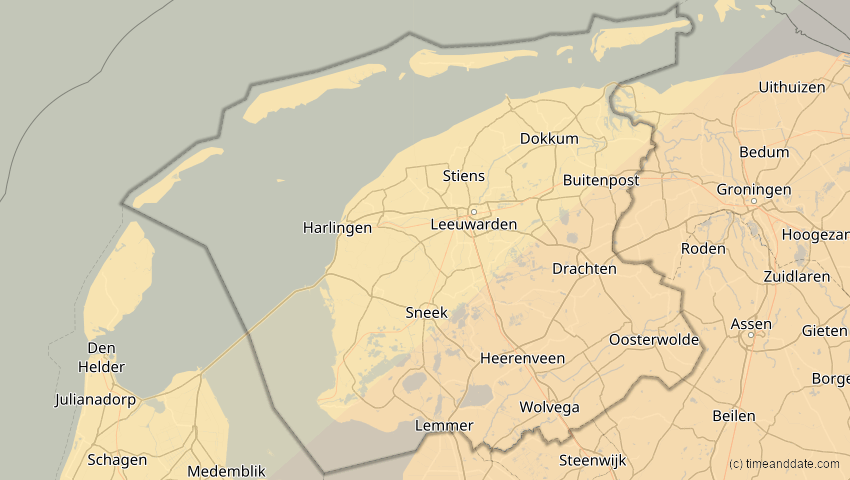 A map of Friesland, Niederlande, showing the path of the 1. Jun 2030 Ringförmige Sonnenfinsternis