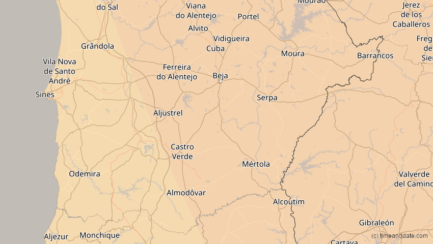 A map of Beja, Portugal, showing the path of the 1. Jun 2030 Ringförmige Sonnenfinsternis