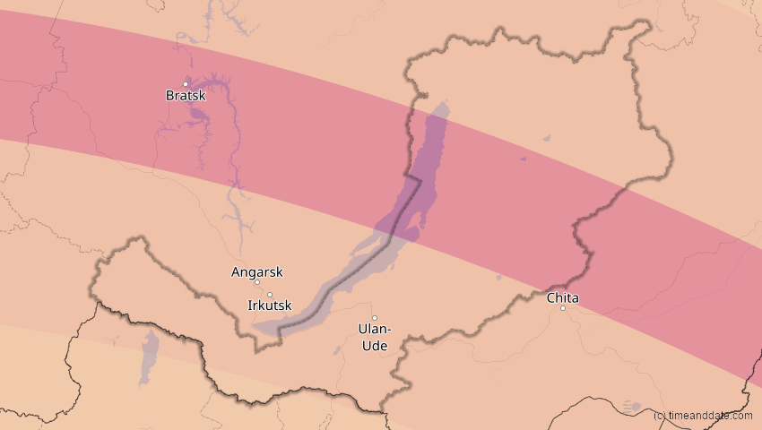 A map of Burjatien, Russland, showing the path of the 1. Jun 2030 Ringförmige Sonnenfinsternis