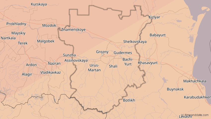 A map of Tschetschenien, Russland, showing the path of the 1. Jun 2030 Ringförmige Sonnenfinsternis