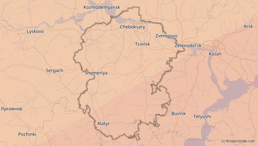 A map of Tschuwaschien, Russland, showing the path of the 1. Jun 2030 Ringförmige Sonnenfinsternis