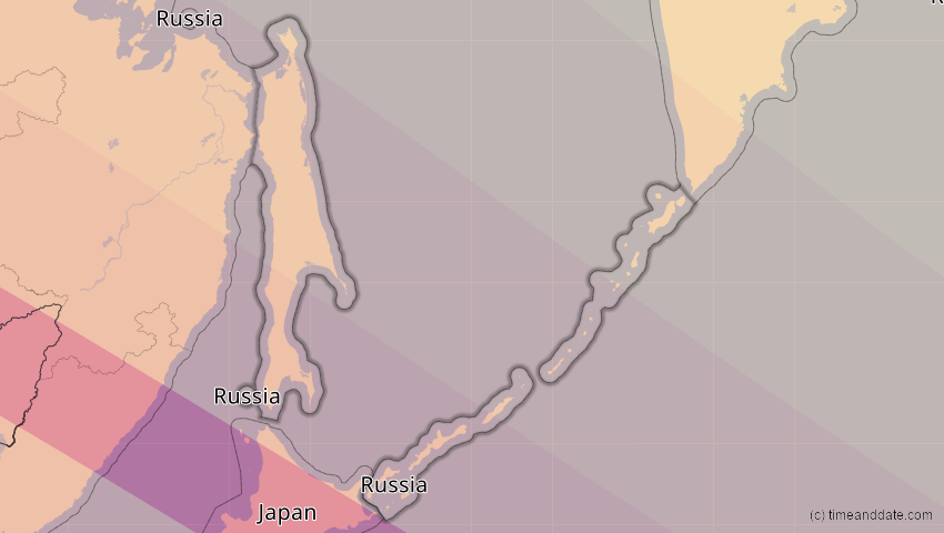 A map of Sachalin, Russland, showing the path of the 1. Jun 2030 Ringförmige Sonnenfinsternis