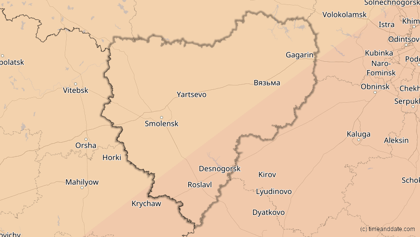 A map of Smolensk, Russland, showing the path of the 1. Jun 2030 Ringförmige Sonnenfinsternis