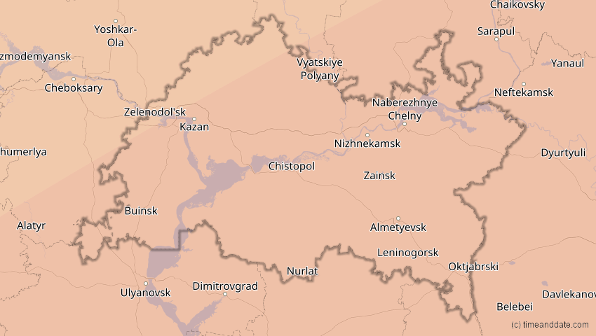 A map of Tatarstan, Russland, showing the path of the 1. Jun 2030 Ringförmige Sonnenfinsternis