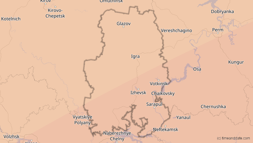 A map of Udmurtien, Russland, showing the path of the 1. Jun 2030 Ringförmige Sonnenfinsternis