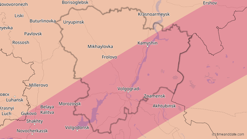 A map of Wolgograd, Russland, showing the path of the 1. Jun 2030 Ringförmige Sonnenfinsternis