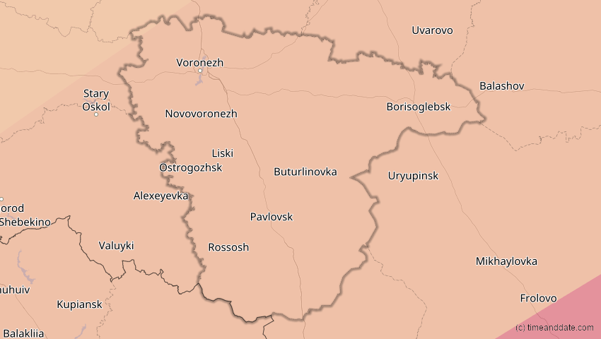 A map of Woronesch, Russland, showing the path of the 1. Jun 2030 Ringförmige Sonnenfinsternis