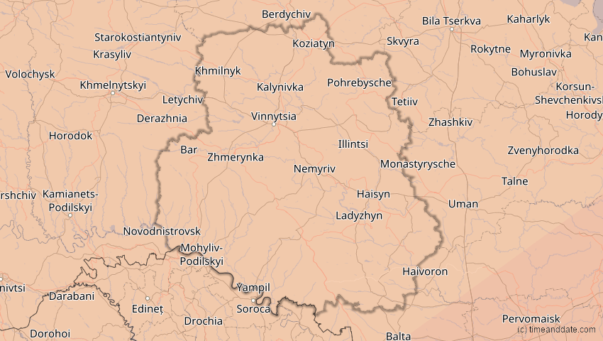 A map of Winnyzja, Ukraine, showing the path of the 1. Jun 2030 Ringförmige Sonnenfinsternis