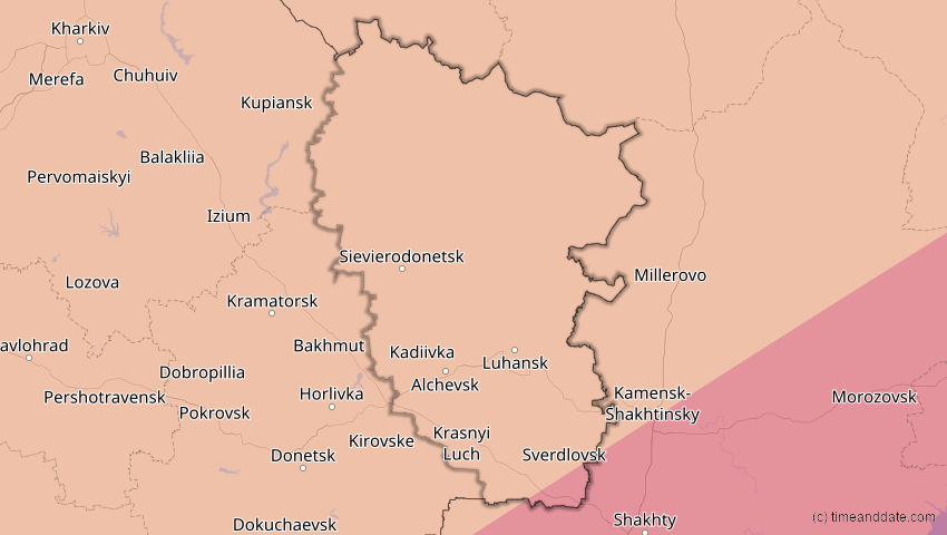 A map of Luhansk, Ukraine, showing the path of the 1. Jun 2030 Ringförmige Sonnenfinsternis
