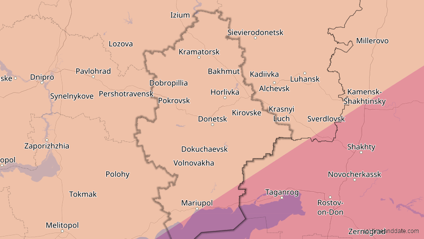 A map of Donezk, Ukraine, showing the path of the 1. Jun 2030 Ringförmige Sonnenfinsternis