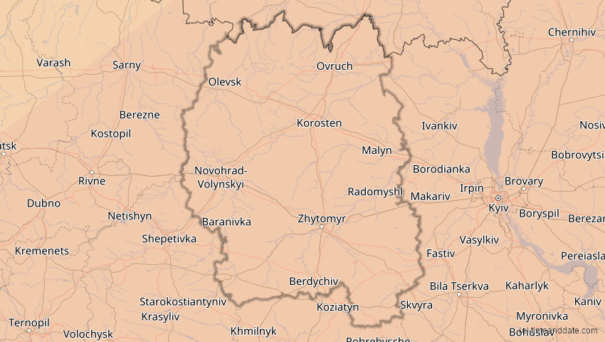 A map of Schytomyr, Ukraine, showing the path of the 1. Jun 2030 Ringförmige Sonnenfinsternis