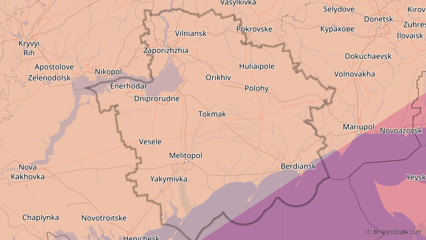 A map of Saporischschja, Ukraine, showing the path of the 1. Jun 2030 Ringförmige Sonnenfinsternis