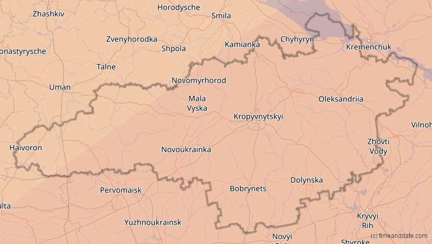 A map of Kirowohrad, Ukraine, showing the path of the 1. Jun 2030 Ringförmige Sonnenfinsternis