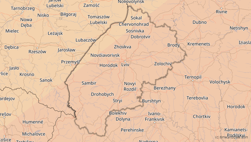 A map of Lwiw, Ukraine, showing the path of the 1. Jun 2030 Ringförmige Sonnenfinsternis