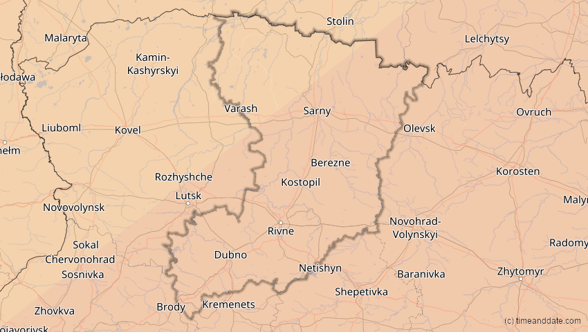 A map of Riwne, Ukraine, showing the path of the 1. Jun 2030 Ringförmige Sonnenfinsternis
