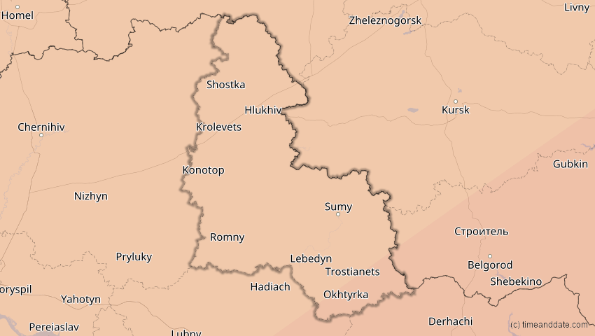 A map of Sumy, Ukraine, showing the path of the 1. Jun 2030 Ringförmige Sonnenfinsternis