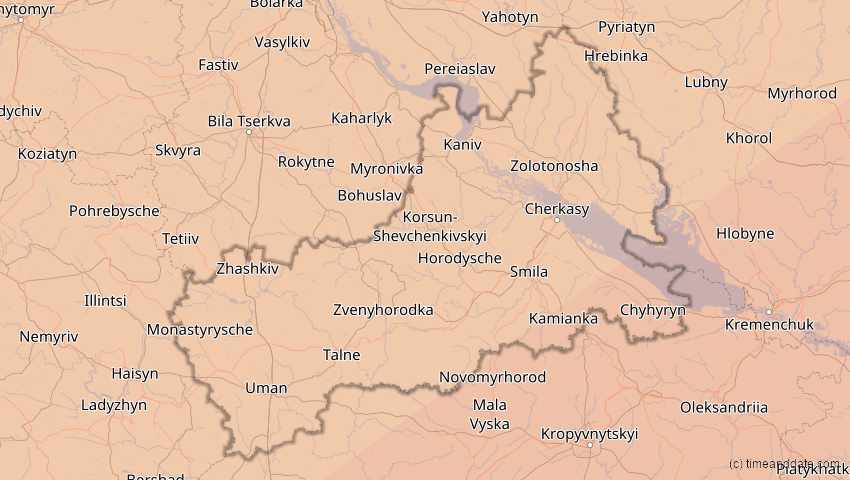 A map of Tscherkassy, Ukraine, showing the path of the 1. Jun 2030 Ringförmige Sonnenfinsternis