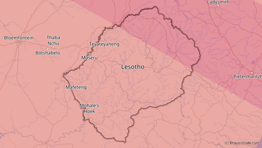 A map of Lesotho, showing the path of the 25. Nov 2030 Totale Sonnenfinsternis