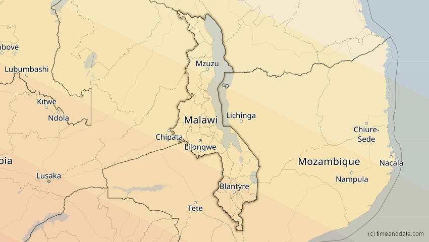 A map of Malawi, showing the path of the 25. Nov 2030 Totale Sonnenfinsternis