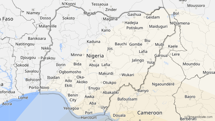 A map of Nigeria, showing the path of the 25. Nov 2030 Totale Sonnenfinsternis