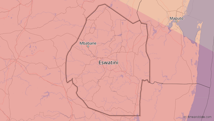 A map of Eswatini, showing the path of the 25. Nov 2030 Totale Sonnenfinsternis