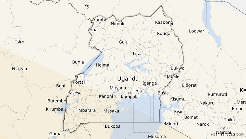 A map of Uganda, showing the path of the 25. Nov 2030 Totale Sonnenfinsternis