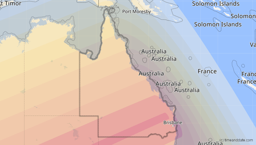A map of Queensland, Australien, showing the path of the 25. Nov 2030 Totale Sonnenfinsternis