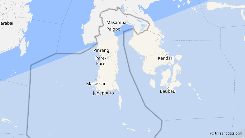 A map of Sulawesi Selatan, Indonesien, showing the path of the 25. Nov 2030 Totale Sonnenfinsternis