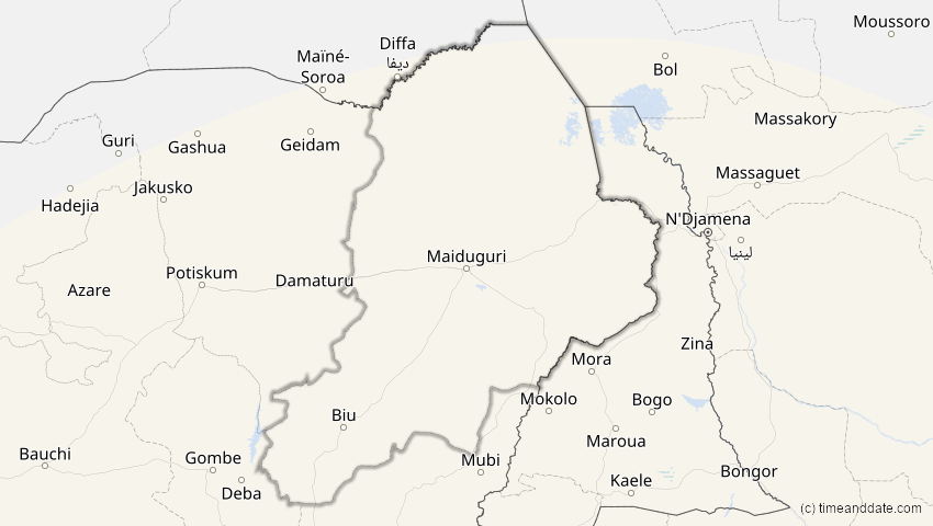 A map of Borno, Nigeria, showing the path of the 25. Nov 2030 Totale Sonnenfinsternis